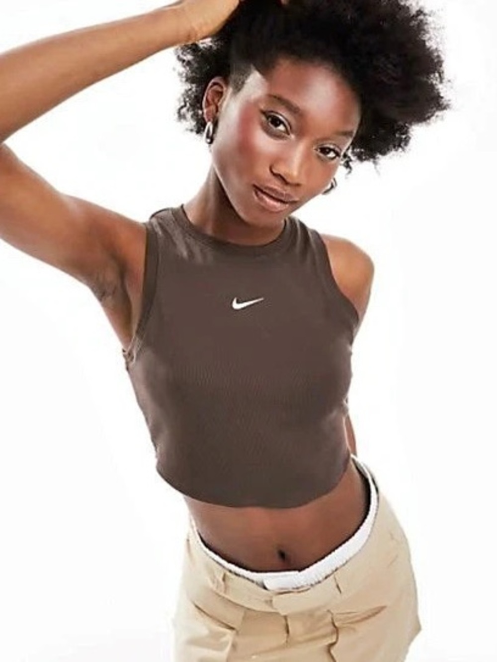 Nike Sportswear essential ribbed Cropped Tank Top with embroidered logo brown